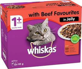 Whiskas 1+ Years Wet Cat Food with Beef Favourites in Jelly 12 X 85G, 5 Pack (60 Pouches)