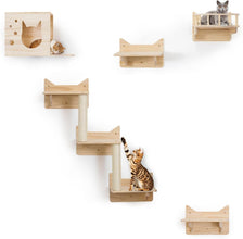 Pine Cat Wall Shelves, Set of 5 Cat Wall Furniture, Cat Scratching Post with 3 Steps, Cat Perch, Cat House and Cat Condo - Cat Shelves for Wall