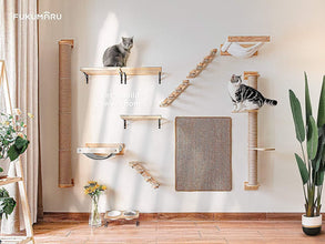 Wall-Mounted Cat Activity Tree with Jute Scratching Posts, Pine Hammock, Easy-Install Shelves for Playful Cats