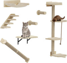 7PCS Wall Mounted Cat Climbing Shelves, Wooden Cat Wall Furniture, Cat Climbing Tree with 3 Scratching Posts/4 Steps Cat Stairway/Hammock/Cat Bed, Cat Tree Wall Mounted with 4 Platforms