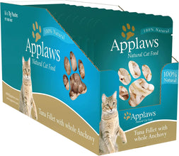 Applaws Tuna Fillet with Whole Anchovy Natural Wet Cat Food in Broth - 70 G Pouches, Complementary Food for Adult Cats, Pack of 16