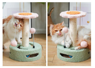 Yellow-pink Interactive Cat Scratching Post with Playful Ball Toys, Flower Design - 35cm Height, 26cm Base