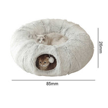 Grey Luxury Plush Cat Bed with Hidden Tunnel - Soft Round Pet Bed for Cats and Small Dogs