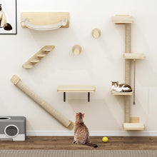 7PCS Wall Mounted Cat Climbing Shelves, Wooden Cat Wall Furniture, Cat Climbing Tree with 3 Scratching Posts/4 Steps Cat Stairway/Hammock/Cat Bed, Cat Tree Wall Mounted with 4 Platforms