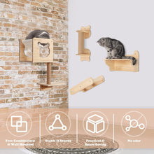 Cat Wall Furniture Shelves and Perches, 6 PCS Wall Mounted Cat Climber Set Cat Furnitures - Natural Wood Cat Shelf with Cat House, Cat Hammock, Cat Shelves, Climbing Steps, Cat Scratching Post